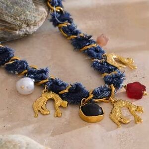 Gold and Blue Twisted Denim Design Leopard Charms Statement Necklace